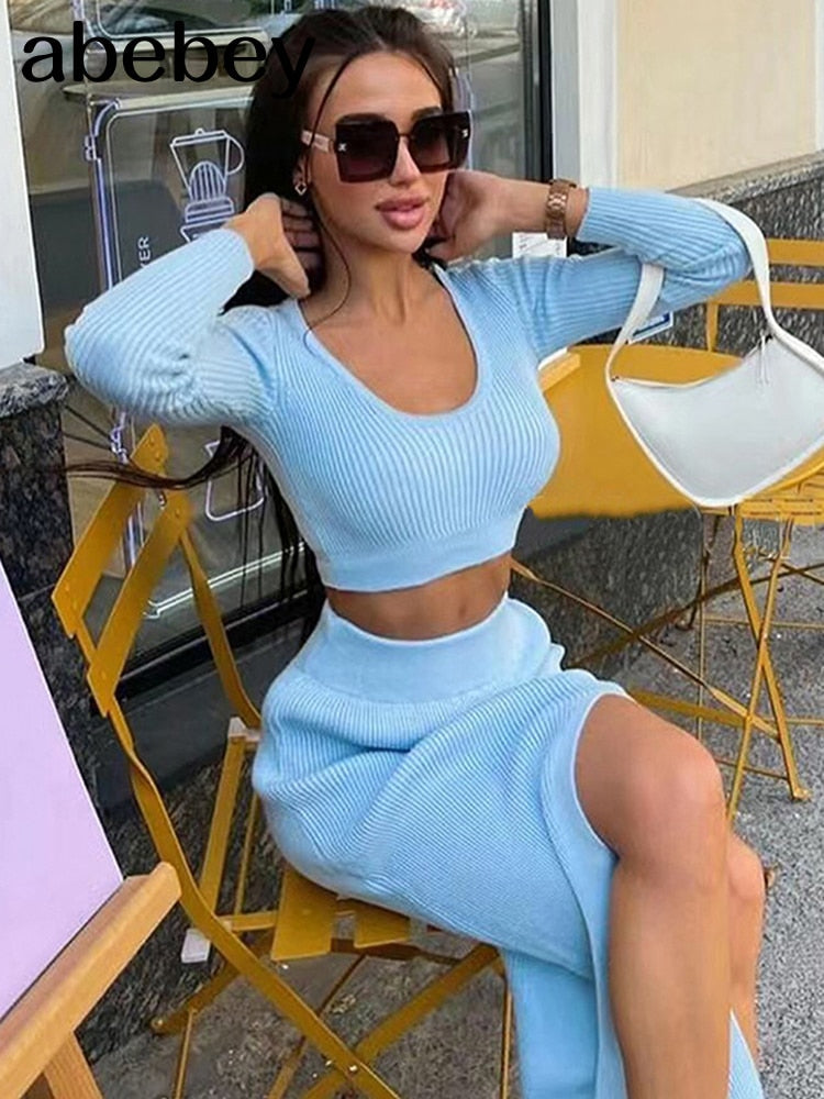 Knitted Winter Women Sexy Sweater Skirt Suit Y2K Fashion Long Sleeve Crop Tops And Long Split Skirt Dress Two Piece Sets Blue