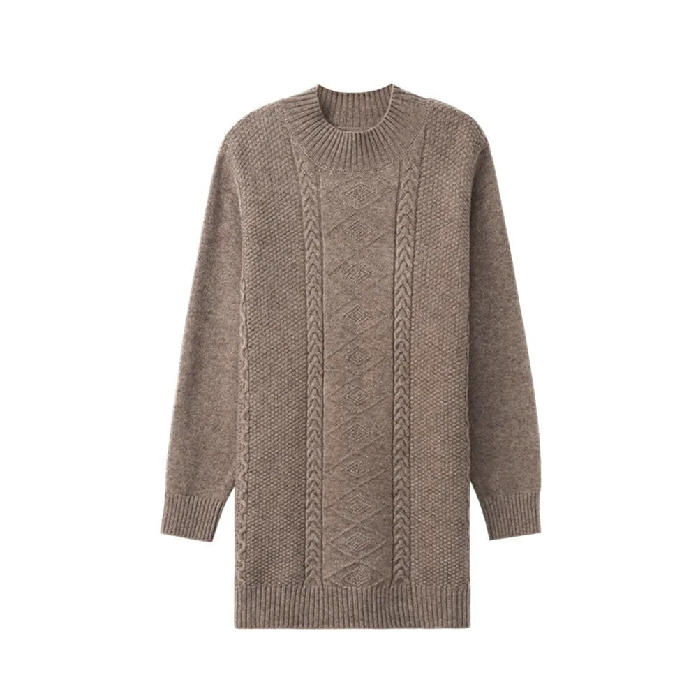 XJXKS Winter Warm Thickened Wool Knit Dress Mid-length Womens Clothing Jumper 2024 New Solid Colour All-match Pullover