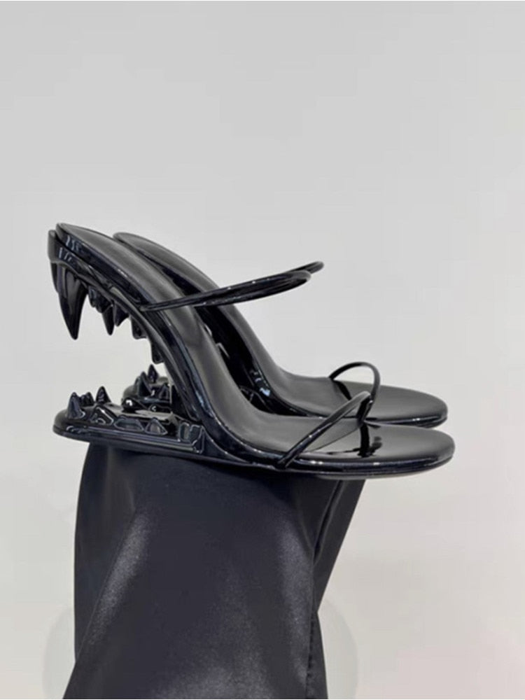 Fashion Metal Teeth Shaped Heel Sandals Round Toe Back Zipper Women's Dress Large Women's Sandals Summer Black1