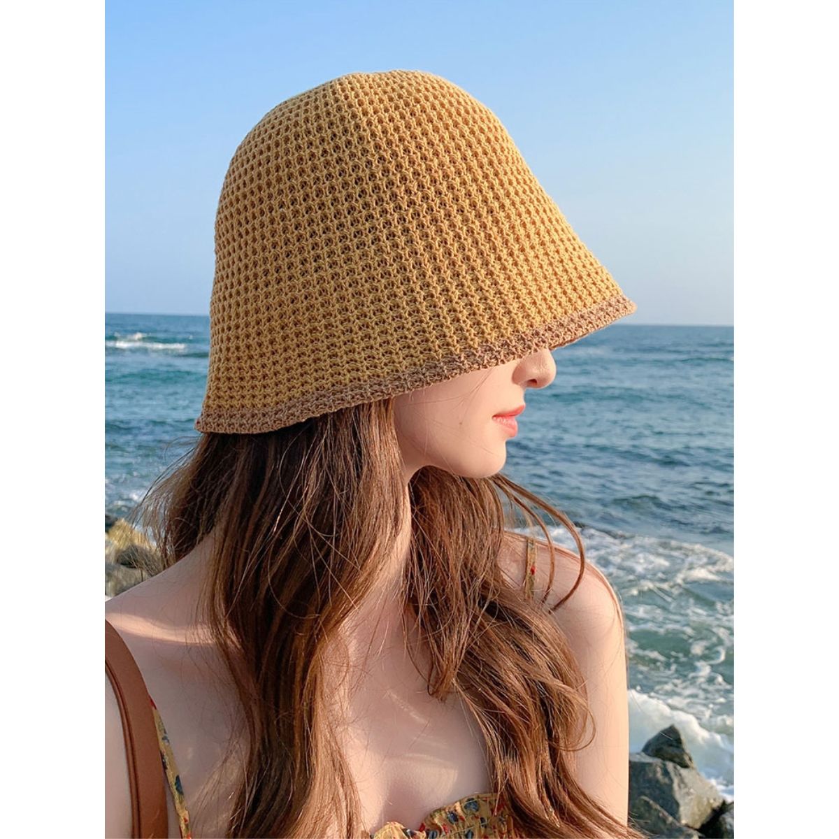 Summer Bicolor Knit Bucket Hat For Woman Trendy Black Bucket Hat Sun Caps Fashion Trend Charm Y2k Young Girl Kpop Gift Girl 3 55-59 cm