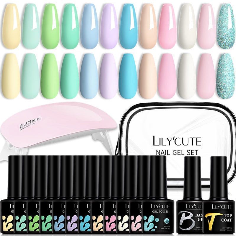 LILYCUTE 12PCs 7ml Spring Macaron Nail Gel Polish Set Semi Permanent UV Gel For Manicure Soak Off Gel Nail Polish Kit Varnishes 229378