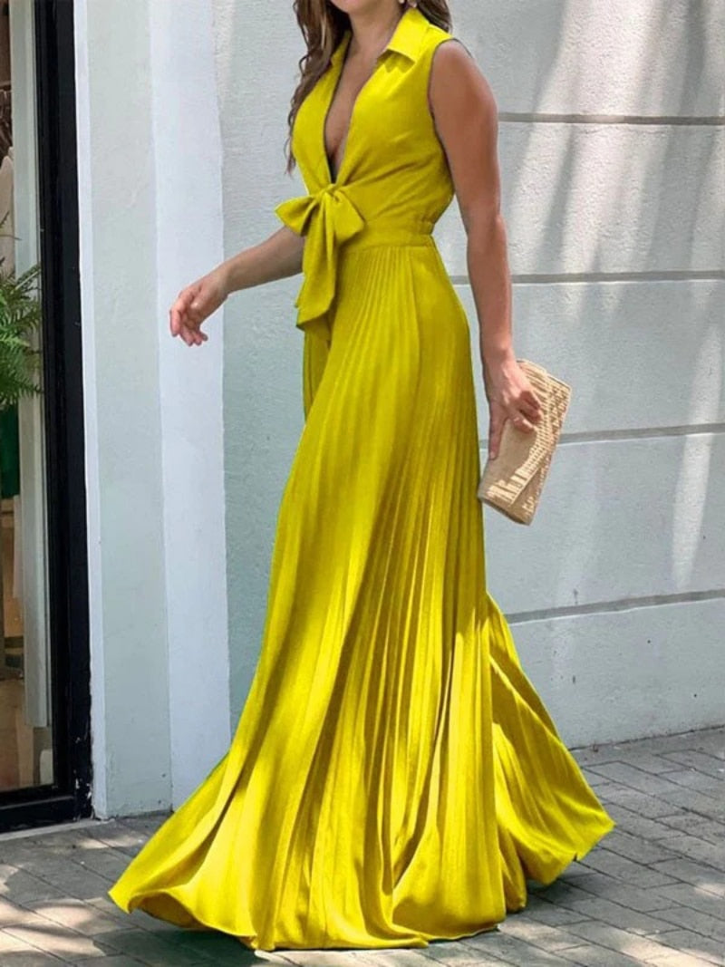 Onecozyday Stylish Sleeveless Lace-Up Pleated Deep V-Neck Sexy Jumpsuits Summer Vacation Party Prom Jump Suits For Women