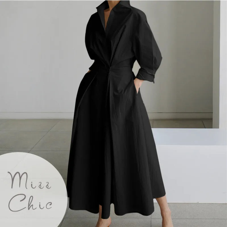 S-5XL Korean Fashion Long Sleeve Shirt Dress Chic Turndown Neck Ruched Maxi Dress Women Autumn Winter Clothes Streetwear