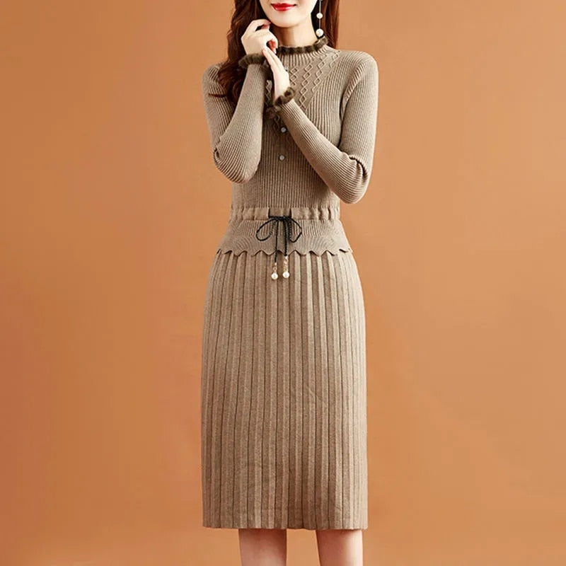 Casual Fake Two Pieces Pleated Knitted Dress Women Vintage Long Sleeve Bottoming Sweater Dresses Fall Elegant Slim Midi Vestidos