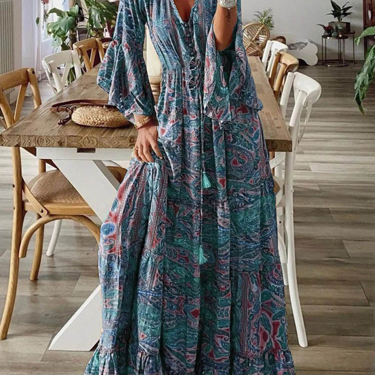 Women Vintage Print Long Dress 2023 Summer Sexy V Neck Short Sleeve A-line Dress Female Elegant Elastic Waist Maxi Dresess Robe EA08432-Blue