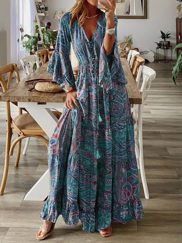 Women Vintage Print Long Dress 2023 Summer Sexy V Neck Short Sleeve A-line Dress Female Elegant Elastic Waist Maxi Dresess Robe EA08432-Blue