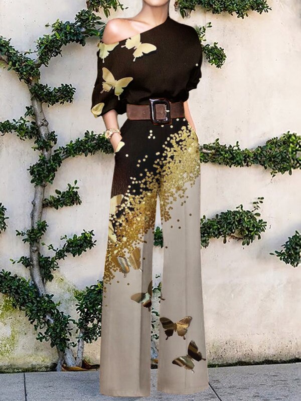 Print Jumpsuit Women Autumn and Spring New Fashion Long Sleeve Lapel Loose Casual Elegance Green Jumpsuits Print 1 (No Belt)