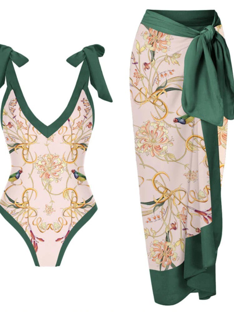 Skirt Cover Up Bodysuit Set Women Bandage Bathing Suit Swimwear Summer New Fashion Print Beach Holiday Bodysuit Cover Up Outfits