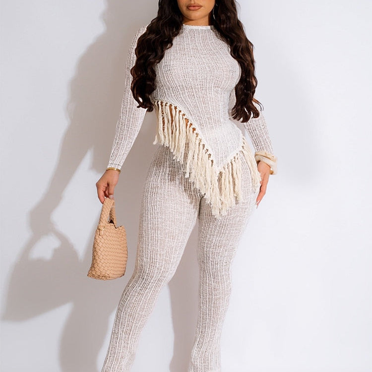 New In Fringe Tassel Long Sleeve Top and Pants Two Piece Set for Women Autumn Winter Birthday Party Club Night Outfit