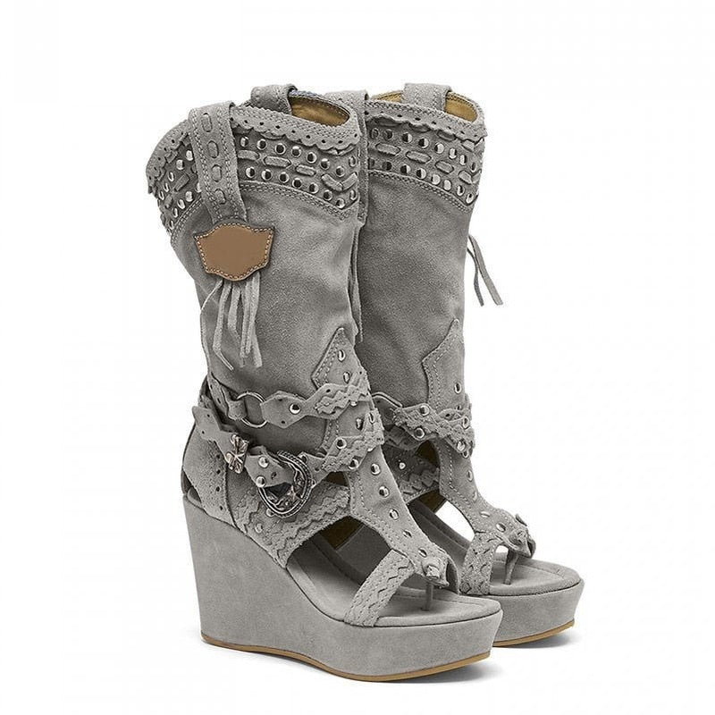 High Heels Ladies Ankle Boots Shoes Retro Canvas Cowboy Wedges Boots Women's Shoes Tailoring Sandals Women Mujer Sapato Feminino Gray