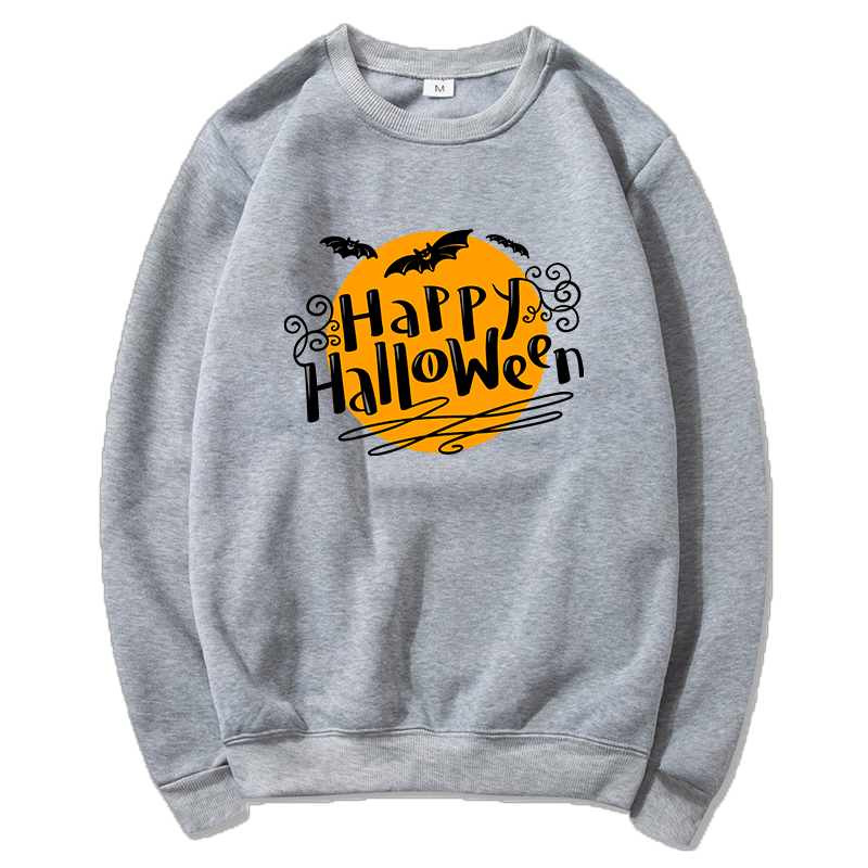 Fashion Halloween Pattern Print Crew Neck Sweater Casual Sports Outdoor Cute Long Sleeve Sweatshirt Gray