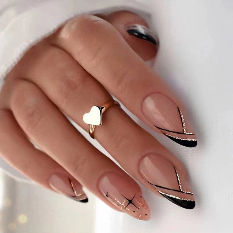Long Stiletto False Nails Black Edge French Gold Thread Black Rhinestones Design Wearable Fake Nails Press On Nails Manicure Tip 2023-3