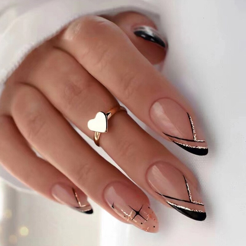 Long Stiletto False Nails Black Edge French Gold Thread Black Rhinestones Design Wearable Fake Nails Press On Nails Manicure Tip 2023-3