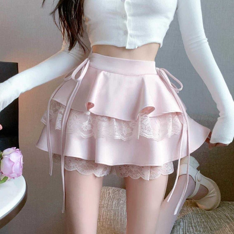 HOUZHOU Kawaii Pink Ruffle Mini Skirt Women Fairycore Lace Double-layer Cute High Waist Bandage Sexy Short Skirt Coquette Lolita