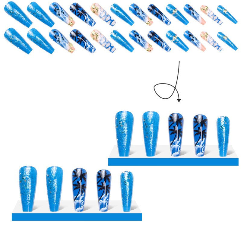 3D strobe fake nails accessories Hand painted beach wearing long french coffin tips with shells diamond press on false nail set