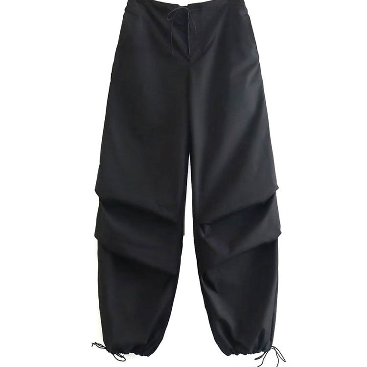 TRAF Women Fashion Side Pockets Pleats Knee Jogging Pants Vintage High Elastic Waist With Drawstring Female Trousers Mujer