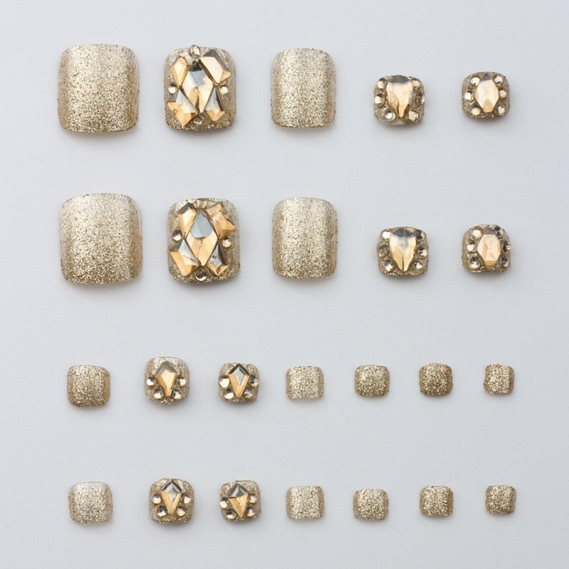 Summer Gold Full Diamond Feet Nails Press On Fake Glitter Toe Nail Stickers Full Cover Toe Nail Tips False Foot Nails