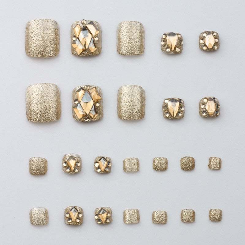 Summer Gold Full Diamond Feet Nails Press On Fake Glitter Toe Nail Stickers Full Cover Toe Nail Tips False Foot Nails