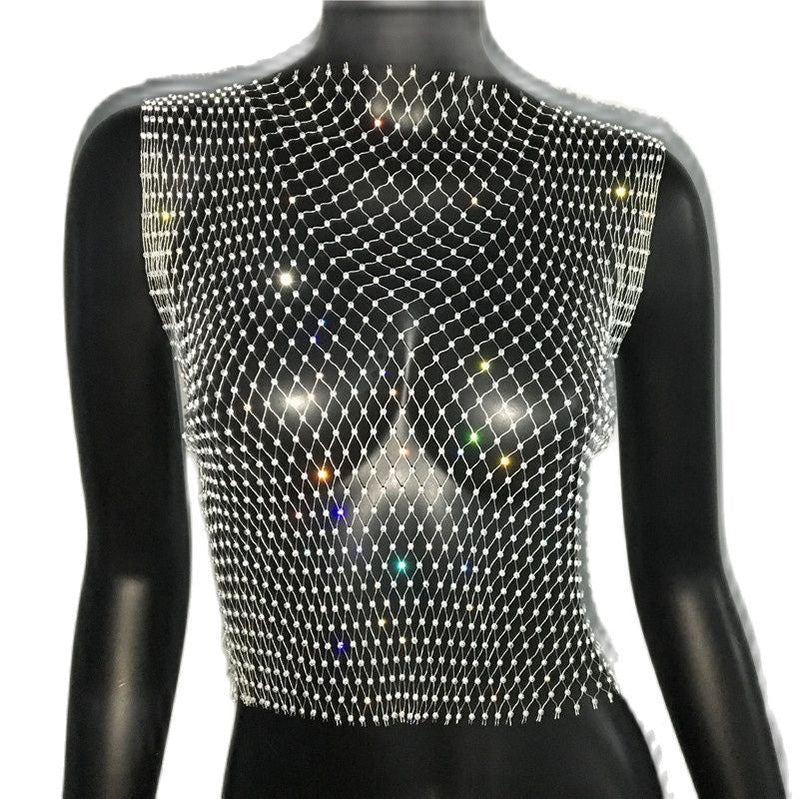 Women's Fishnet Rhinestone Crop Top 2023 Summer Sexy Mesh High Elastic Black White Shirt Net See Through Rave Diamond Tank Top White O neck