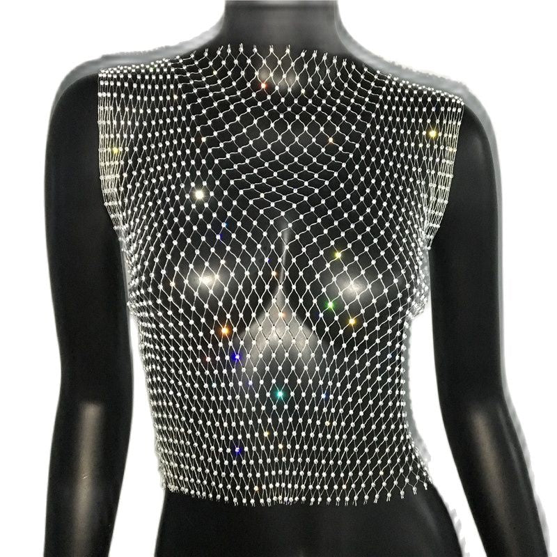 Women's Fishnet Rhinestone Crop Top 2023 Summer Sexy Mesh High Elastic Black White Shirt Net See Through Rave Diamond Tank Top White O neck