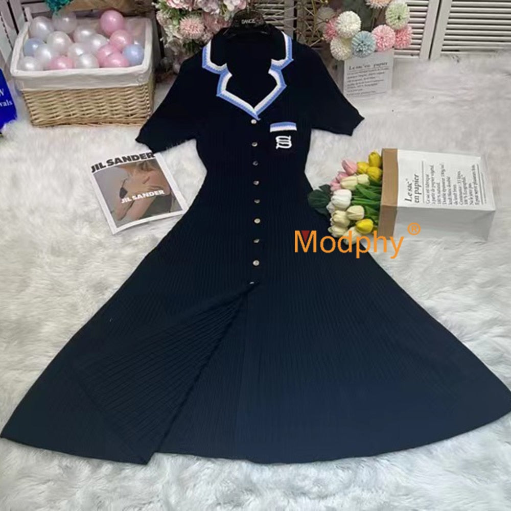 Modphy Elegant Slim Knitted Long Dress Women's Single breasted Long sleeved Designer Slim Vintage Dresses Autumn Black short sleeved