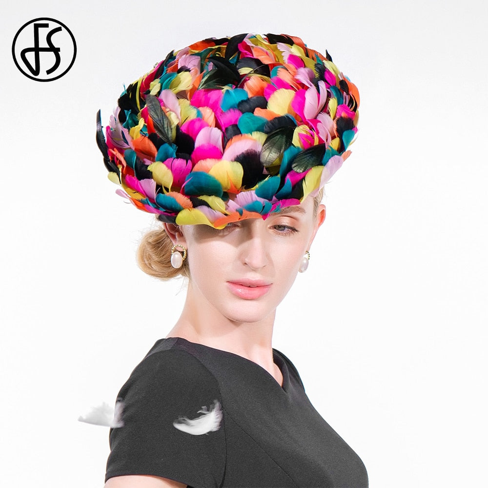 FS Luxury Woman Hat Wedding Ceremony Church Cap With Diamond Ladies Fascinators Cocktail Party Fancy Feathers Millinery