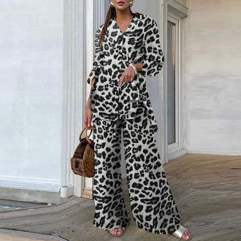 Fashion Women Leopard Print Pant Sets Casual Loose Tops and Pant Outfits Autumn Wide Leg Pant Leisure Two Piece Sets
