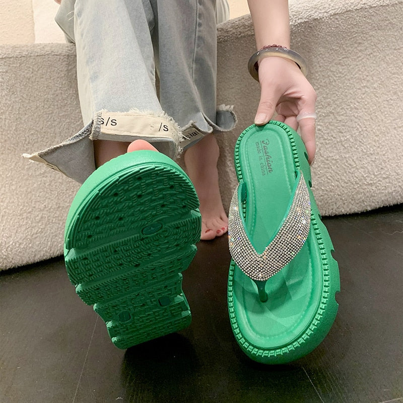 Thick Platform Shiny Crystal Flip Flops Women Summer Soft Bottom Beach Sandals Shoes Woman Fashion Clip Toe Clogs Slippers