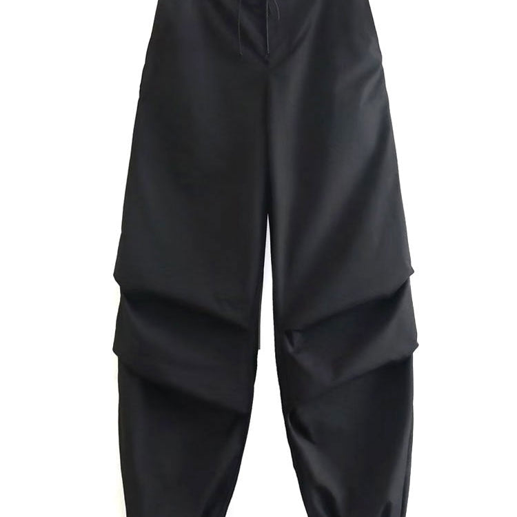 TRAF Women Fashion Side Pockets Pleats Knee Jogging Pants Vintage High Elastic Waist With Drawstring Female Trousers Mujer as picture