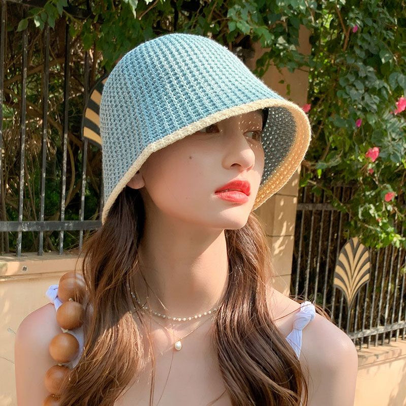 Summer Bicolor Knit Bucket Hat For Woman Trendy Black Bucket Hat Sun Caps Fashion Trend Charm Y2k Young Girl Kpop Gift Girl 7 55-59 cm