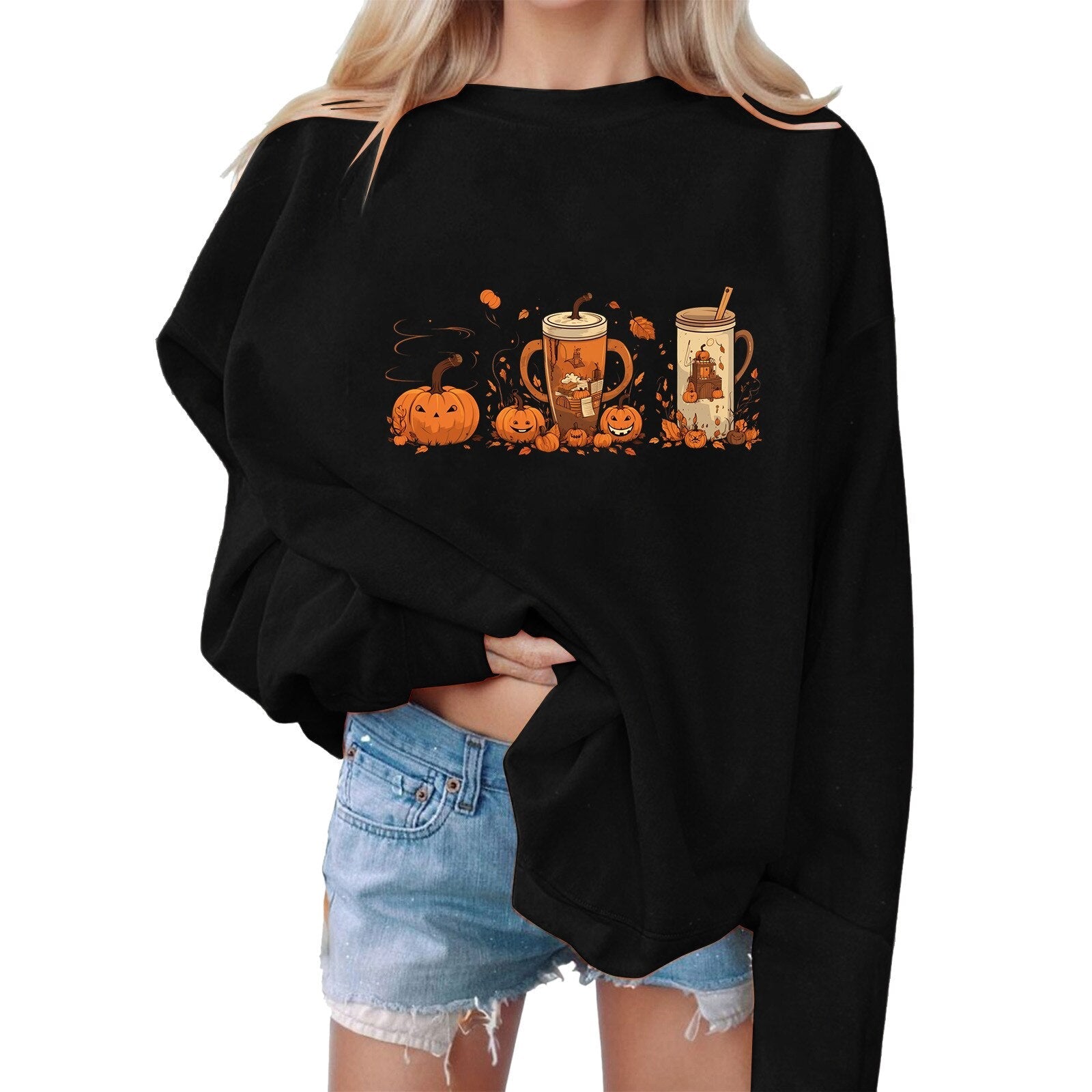 Halloween Pumpkin Print Sweatshirts Round Neck Sweatshirt Harajuku Sweater Pullover Women's Sweatshirt Oversized Black