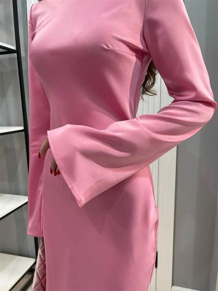 Satin Fashion Slim Maxi Dress For Women Long Sleeve High Waist Elegant Solid Party Dress Casual Luxury Ladies Autumn Dress