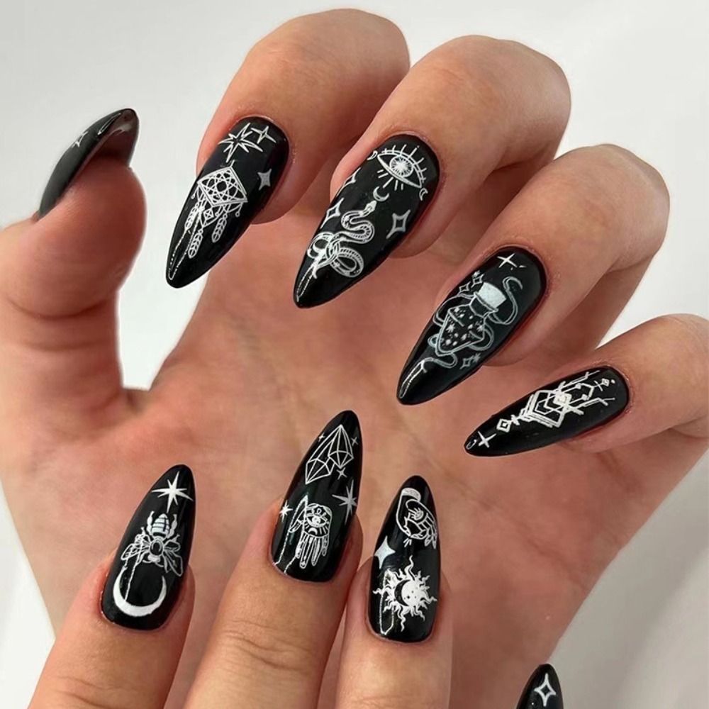 24pcs/set Long Stiletto Fake Nails Punk Snake Pattern Black White Matte False Nails Artificial Full Nail Tips Manicure Tools