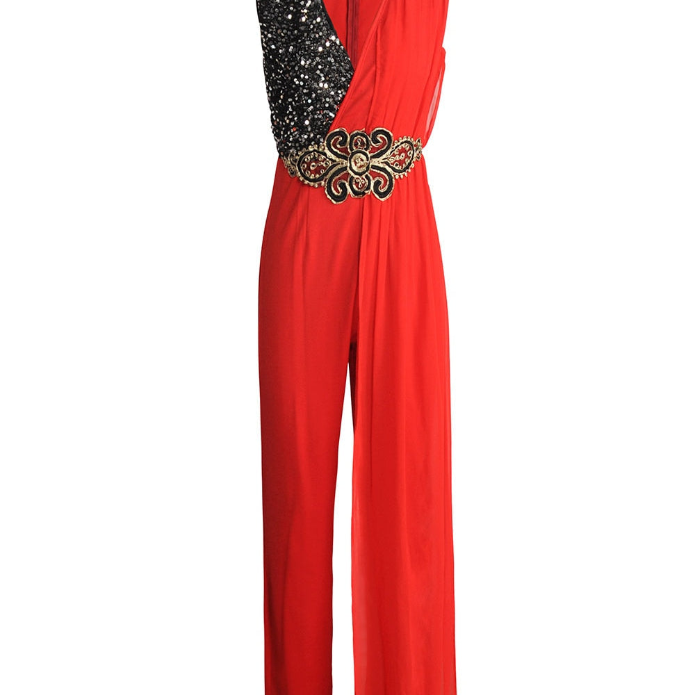 Fashion Sequin Print V-neck Jumpsuit Women Office Lady Elegant Sleeveless Jumpsuit Casual Overalls for Women Red