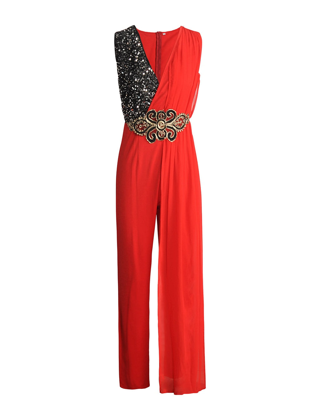 Fashion Sequin Print V-neck Jumpsuit Women Office Lady Elegant Sleeveless Jumpsuit Casual Overalls for Women Red