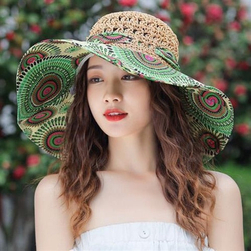 seaside hat summer beach hat female visor hat fashion fisherman's hat sunscreen sun hat anti-UV straw hats for women green One size 56-58cm