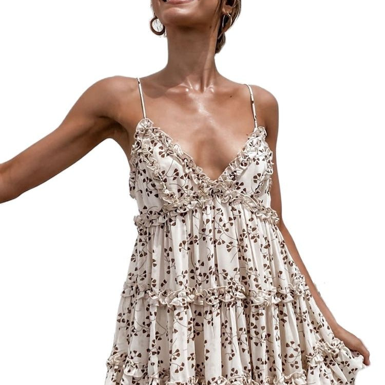 Spring And Summer New Small Fresh Sweet Digital Print Suspender Lace Dress