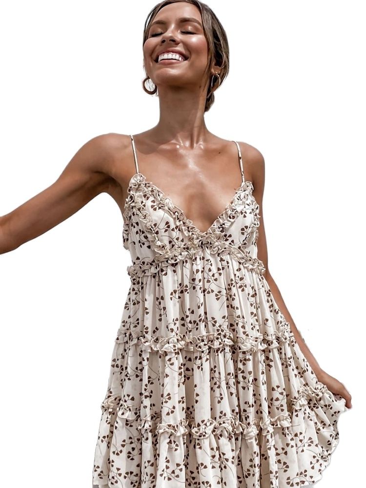 Spring And Summer New Small Fresh Sweet Digital Print Suspender Lace Dress