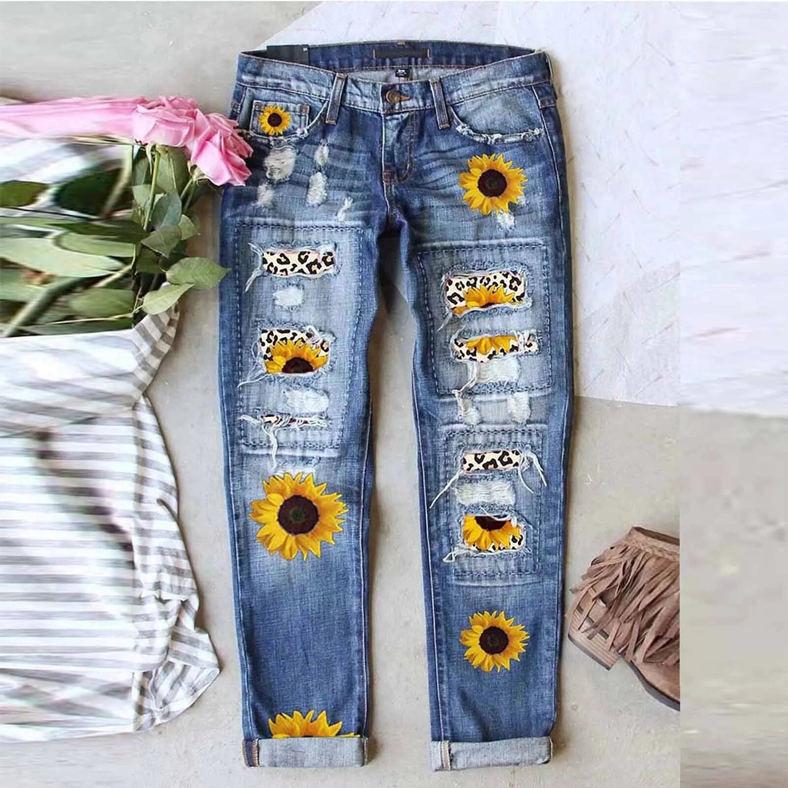 Women's Sunflower Print Ripped Jeans Patchworks Regular Fit Long Casual Denim Jeans Holes Trousers Streetwear Denim Pencil Pants