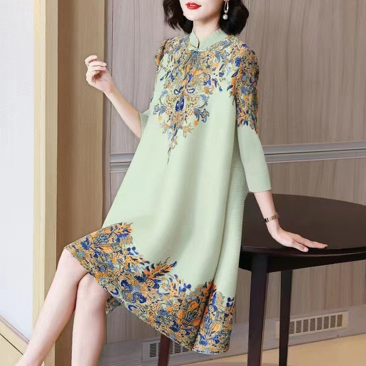 Summer Autumn Overesized Stand Collar Temperament Floral Printing Dress Ladies Elegant Fashion Loose Dresses Robe Femme Vestido Green