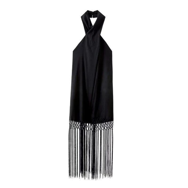 Halter Fringing Dress Womens Dresses Summer Linen Backless Sexy Black Slip Dress Luxury Elegant Designer Party Dresses