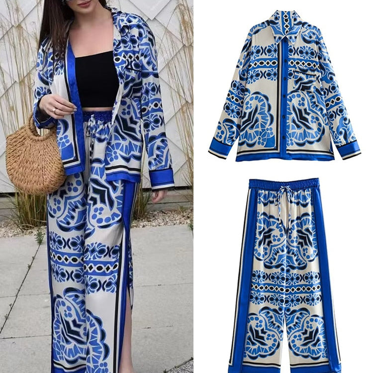 Woman Shirts Pants Sets New Summer Geometric Print Loose Long sleeved Shirts Fashion Elastic Waist Wide Leg Pants Outfits
