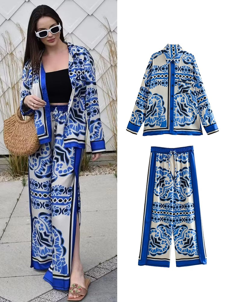 Woman Shirts Pants Sets New Summer Geometric Print Loose Long sleeved Shirts Fashion Elastic Waist Wide Leg Pants Outfits
