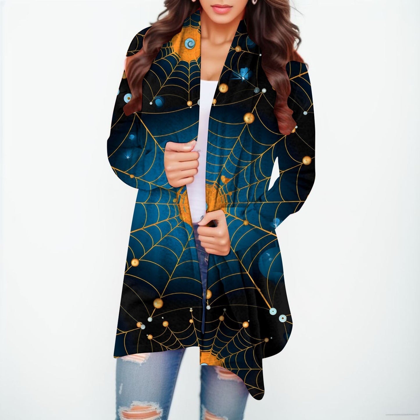 Halloween Print Women's Cardigans Witch Spider Web Fun Graphic Open Front Coat Cardigan With Pockets Fall Casual Coat Jackets