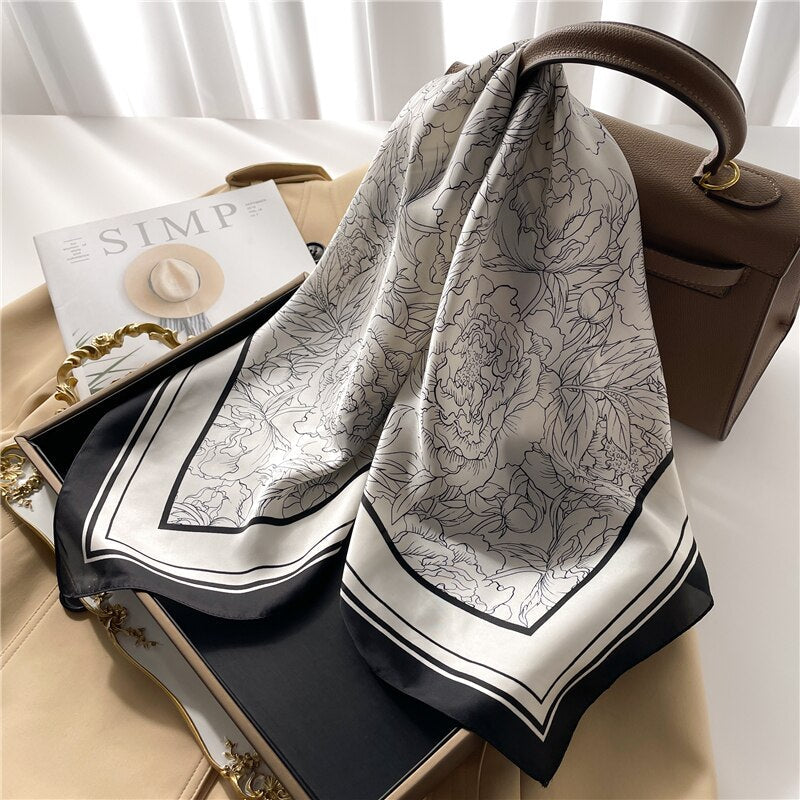 Luxury Print Satin Silk Square Scarf for Women Shawl Hijab Neckerchief Female Hair Ribbon Headband Fashion Wrap Bandana New FJ679-1