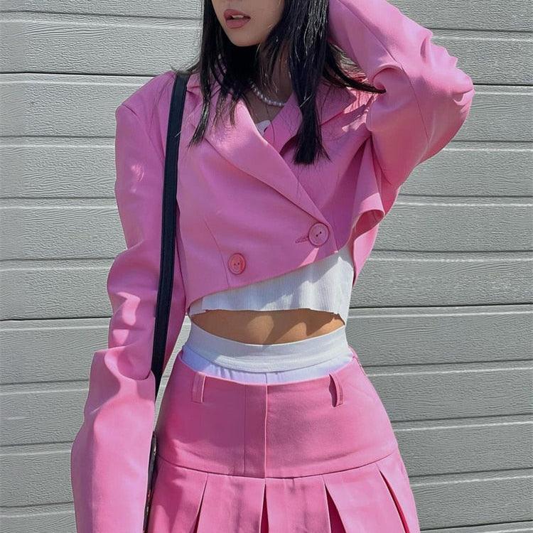 Casual Two Piece Sets Women's Fall Outfits New Black Matching Sets With Skirt And Blazer Cropped Top Suit For Women