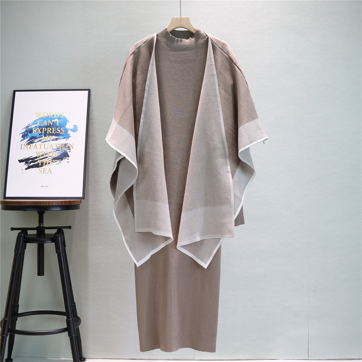 New In Autumn Winter Dress Elegant Women's Clothing Long Sleeve Sweater Knitted Dress Two-piece Sets With Scarf Coffee One Size