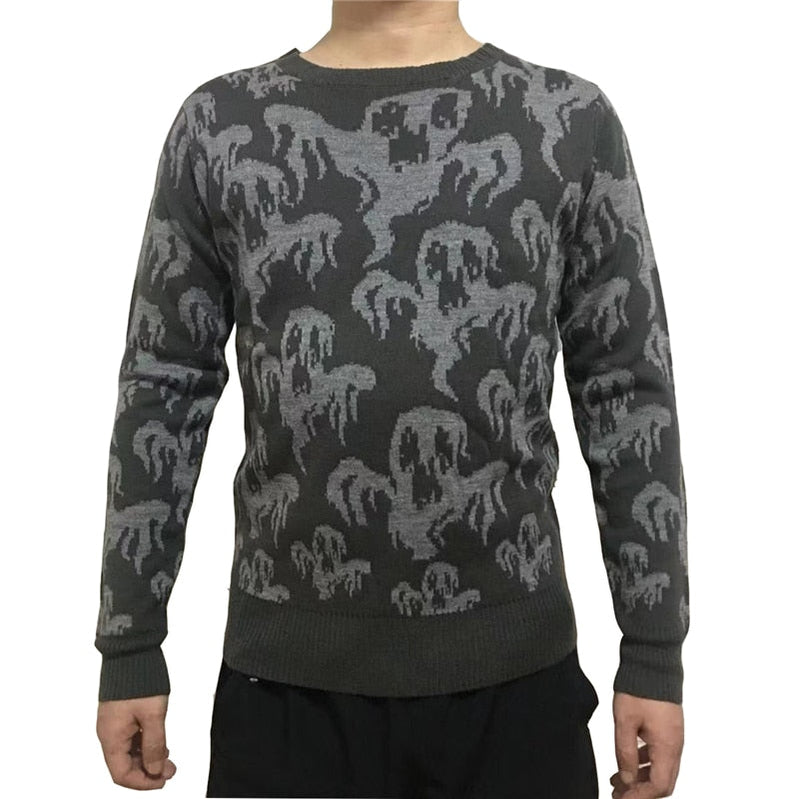 Halloween Adult Unisex Men and Women Crew Neck Cute Vintage Knit Ghost Pattern Ugly Halloween Sweater Gray