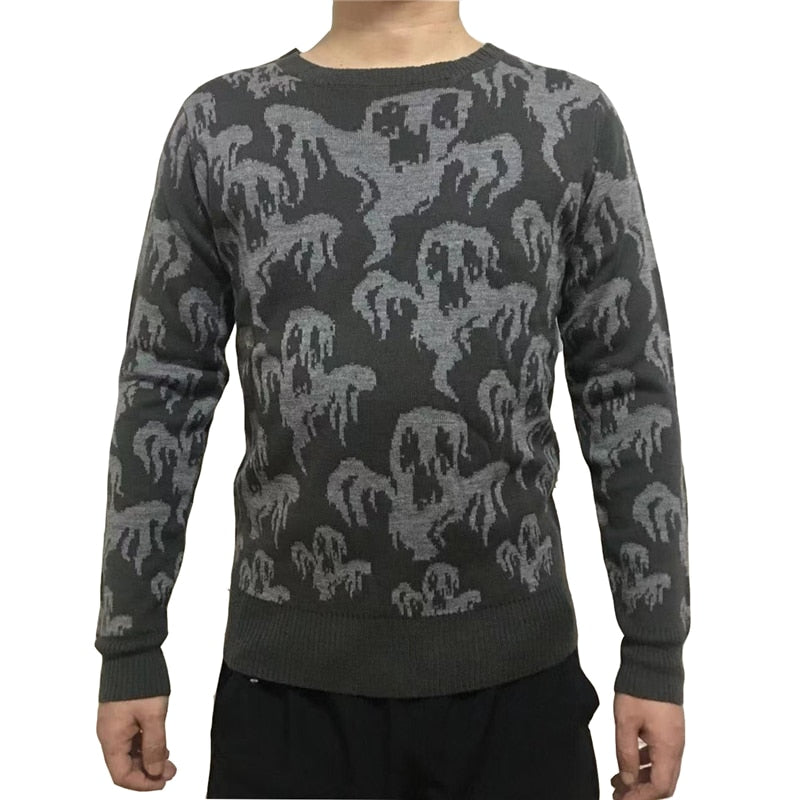 Halloween Adult Unisex Men and Women Crew Neck Cute Vintage Knit Ghost Pattern Ugly Halloween Sweater Gray