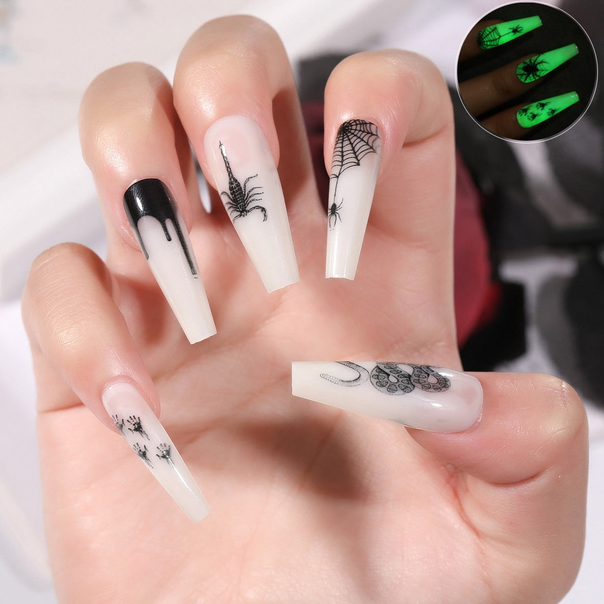 CNHIDS 24Pcs Charming Sparkling Purple Long Coffin False Nail Press On Nail Tips Girl Decoration Crystal Fake Nail With Design 21